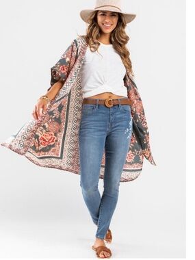 Blue Rain Deep Green Floral Open Front Kimono Duster Beach Coverup Size Medium
